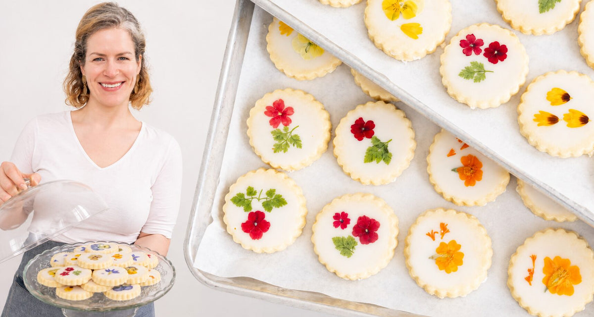 Lauren Berry with a stand of Garden Party Shortbread. Photograph by Elise Sinagra for Northshore Magazine.